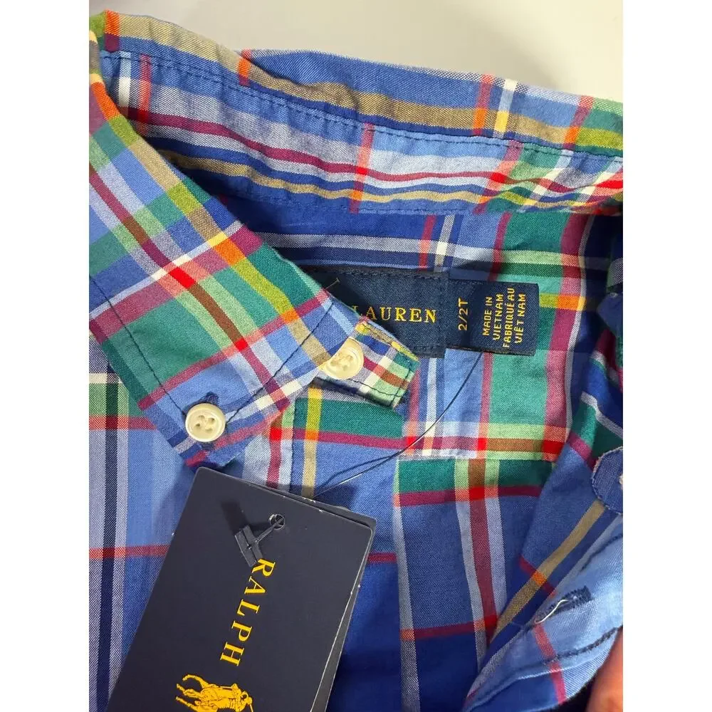 Ralph Lauren Boys 2T Plaid Button Down Shirt & Khaki Shorts Outfit Set NWT